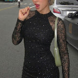 Solid Turtleneck Long Sleeve Lace Rhinestone Bodycon Mini Dress