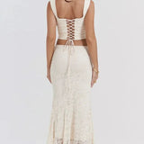Elegant Lace-Up Crop Top & Maxi Skirt Boho Dress