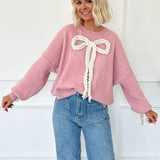 3D Applique Bow Paneled Loose Sweatshirt