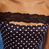 Off-Shoulder Lace Trim Polka Dot Bodycon Mini Dress