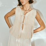 Solid Ruffled Tie Linen Cotton Shirt Tank Top