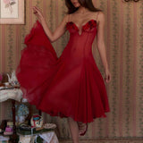 Deep V 3D Floral Sheer Midi Party Dress