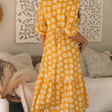 Yellow Flower Print Bracelet Sleeve Buttons Collared Maxi Dress
