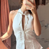 Vintage Tie Halter Peter Pan Collar Off Shoulder Tank Top