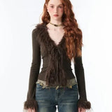 Lace-Up V Neck Plush Cardigan