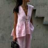 Romantic Cotton V Neck Sleeveless Vest Pants Two Piece Set