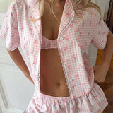 Bow Plaid Print Lace Trim Three Piece Set