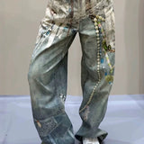 Lace Pearl Chain Printed Vintage Washed Casual Jeans