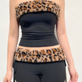 Sexy Leopard Fleece Tube Tank Drawstring Two Piece Set
