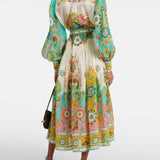 Unique Exquisite Fashion Print Puff Sleeve Tie Midi Dress