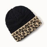 Warm Leopard Print Cable Knit Beanie Hat
