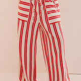 Beach Style Striped Drawstring Wide Leg Pants