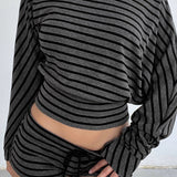 Striped Print Asymmetrical Shoulder Two Piece Set