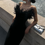 Ostrich Feather Deep V Bodycon Party Dress