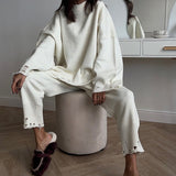 Solid Distressed Knit Crew Neck Sweater Two Piece Set