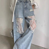 Lace Patchwork Ripped Loose Jeans
