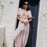 Pink White Floral Puff Sleeve Top Lantern Pants Two Piece Set