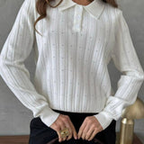Jacquard Polo Collar Long Sleeve Loose Blouse