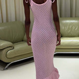Boho Ruffle Knit Sexy Cutout Sheer Cami Maxi Dress