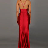 Satin V-Neck Ruched Slit Party Dress