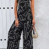Printed Wide Strap Jumpsuit with Pockets