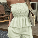 Casual Minimalist stripe Tube Ruffle Shorts Two Piece Set