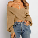Women's Long Sleeve Wrap Casual Off Shoulder Crop Knitted Pullover Sweater