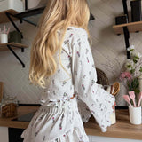 Short Cardigan Hollow Out Long Sleeve Floral Shorts Loungewear Two Piece Set