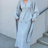 Vintage Gray Knit Jacket Vest & Maxi Skirt Three Piece Set