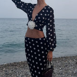 Polka Dot V-Neck Crop Skirt Two Pieces Set