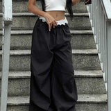 Contrast Waist Lace Trim Relaxed Long Pants