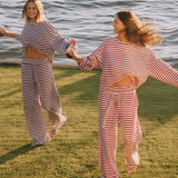 Stripe Crewneck Drawstring Two Piece Set