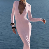 Elegant Sexy Deep V-Neck Long Sleeve Bodycon Maxi Dress