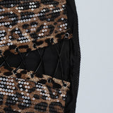 Leopard Print Lace Up Corset Sequin Midi Skirt Set