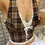 Sexy Plaid Lace Trim Halter Crop Top
