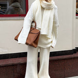 Relaxed Fit V Neck Ribbed Sweater with Pants Two Piece Pants Set