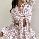 Long Sleeve Floral Collar Flip Shirt Ruffled Shorts Two Piece Set