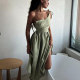 Cotton V Neck Spaghetti Strap Elegant Tie Backless Midi Dress