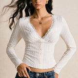 Slim Fit Long Sleeve Lace V Neck Blouse