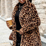 Leopard Print Notch Lapel Plush Overcoat