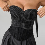 Stripe Lace Trim Backless Corset Crop Top