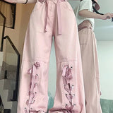 Pink Bow Tie Wide Leg Cargo Jeans