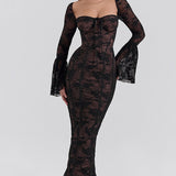 Bodycon Lace Flare Sleeve Maxi Dress