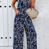 Printed Wide Strap Jumpsuit with Pockets