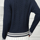 Contrast V-Neck Cable Knit Sweater