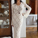 Knit Argyle Jacquard Long Sleeve Maxi Dress