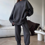 Solid Distressed Knit Crew Neck Sweater Two Piece Set