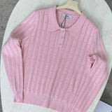 Jacquard Polo Collar Long Sleeve Loose Blouse