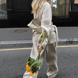 Relaxed Fit V Neck Ribbed Sweater with Pants Two Piece Pants Set