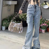 Washed Butterfly Embroidered Flared Jeans